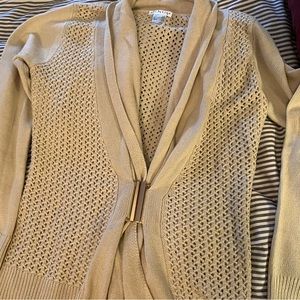 Oatmeal color buckle front Venus cardigan with open weave details